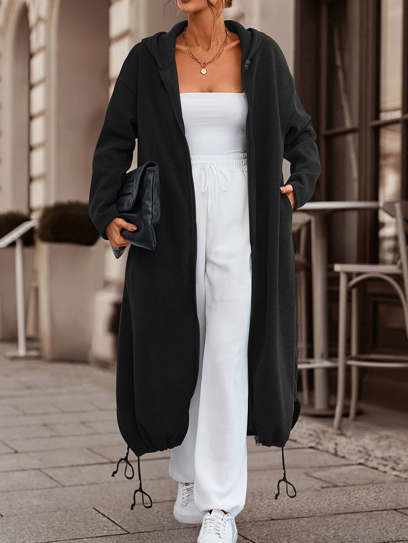 'S Popular Women'S Fashion for Autumn And Winter Features a Stylish, Casual, Solid-Colored, Thick Long Coat with a Zip-Up Hoodie.