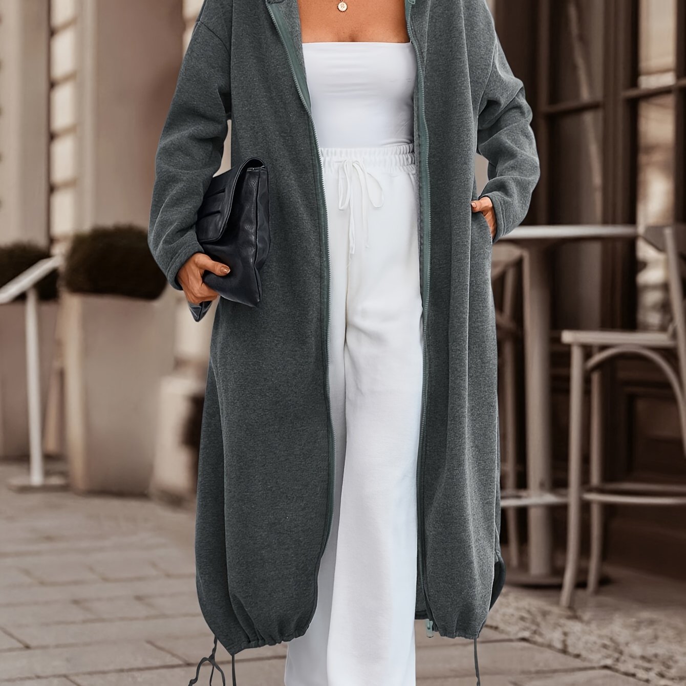 'S Popular Women'S Fashion for Autumn And Winter Features a Stylish, Casual, Solid-Colored, Thick Long Coat with a Zip-Up Hoodie.