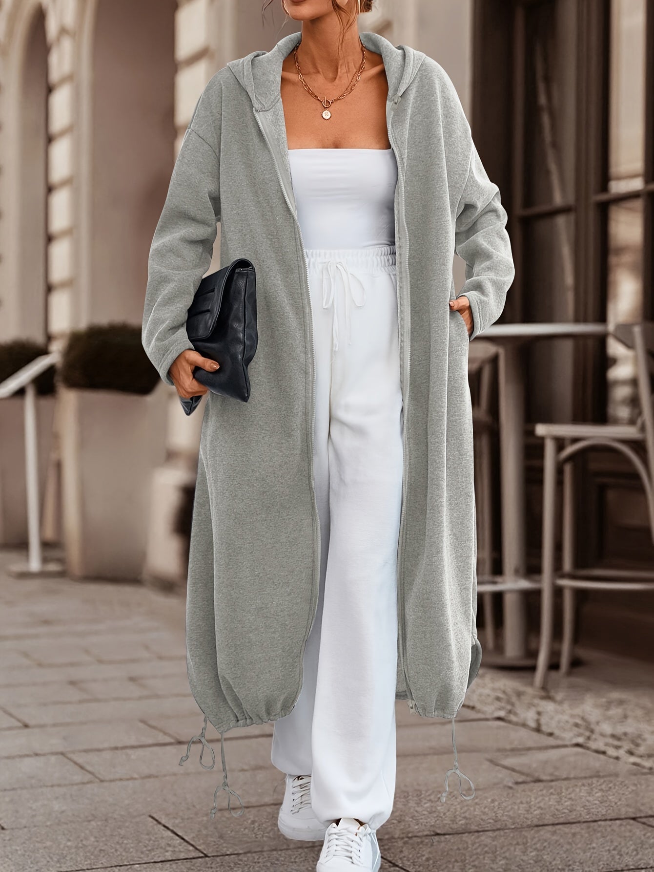 'S Popular Women'S Fashion for Autumn And Winter Features a Stylish, Casual, Solid-Colored, Thick Long Coat with a Zip-Up Hoodie.