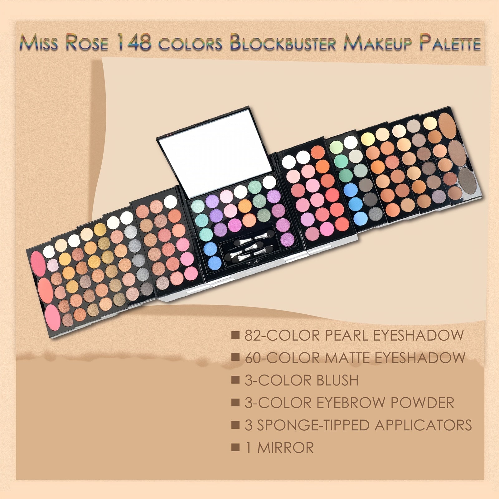 148-Color Ultimate Makeup Kit Collection - Includes 82-Color Pearly Eyeshadow Palette, 60-Color Matte Eyeshadow, 3-Color Blush, 3-Color Eyebrow Powder, and 3 Sponge Sticks with Mirror - Complete Makeup Essentials for Mom, Per