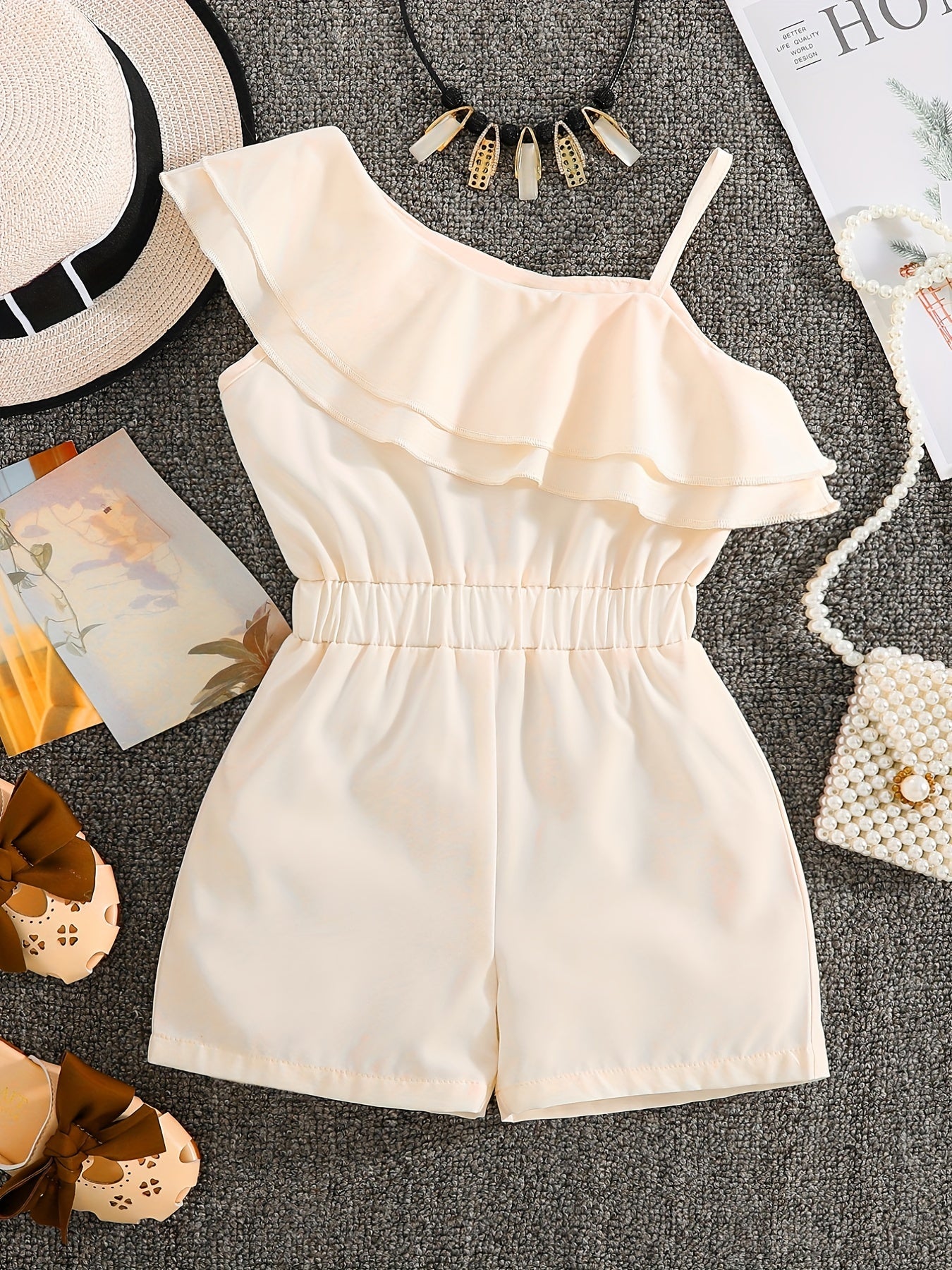 ' White Sleeveless A-Line Romper Jumpsuit - Summer Short Dress with Ruffle Trim &, Casual Playwear & Party Outfit, Easy-Care Hand Washable Short Sleeve Dress &, Perfect for Outdoor
