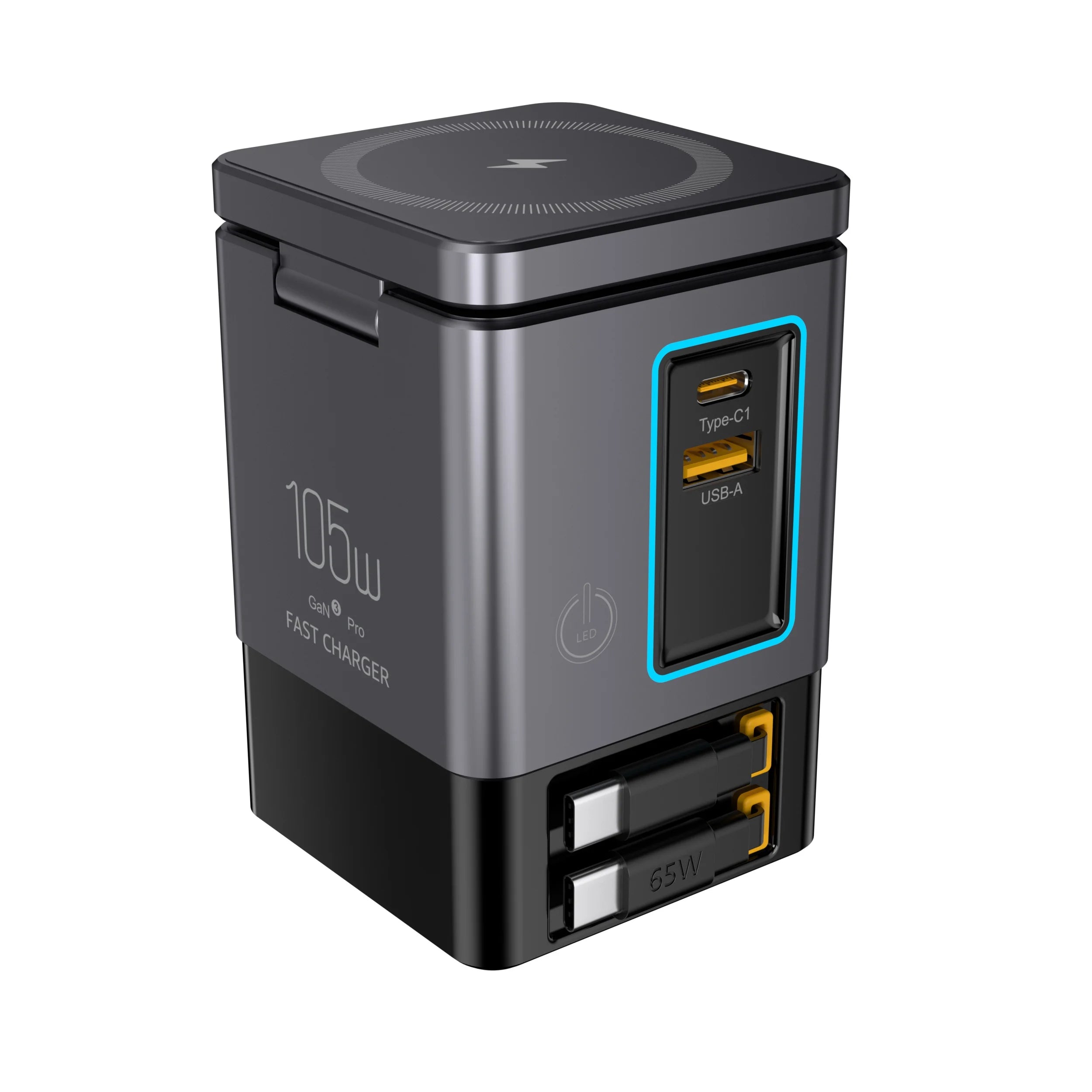 105W 6 In 1 Magnetic Wireless Charger Stand for iPhone Airpod Power Combo Tower with Retractable USB-C Cable Charger Station