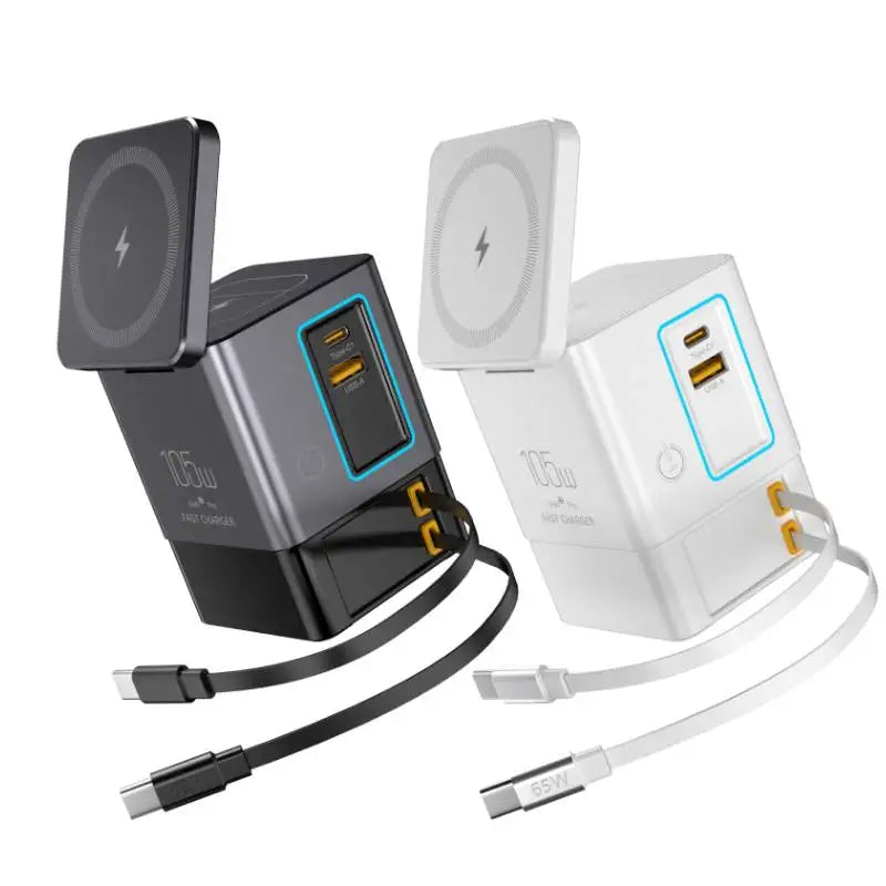 105W 6 In 1 Magnetic Wireless Charger Stand for iPhone Airpod Power Combo Tower with Retractable USB-C Cable Charger Station