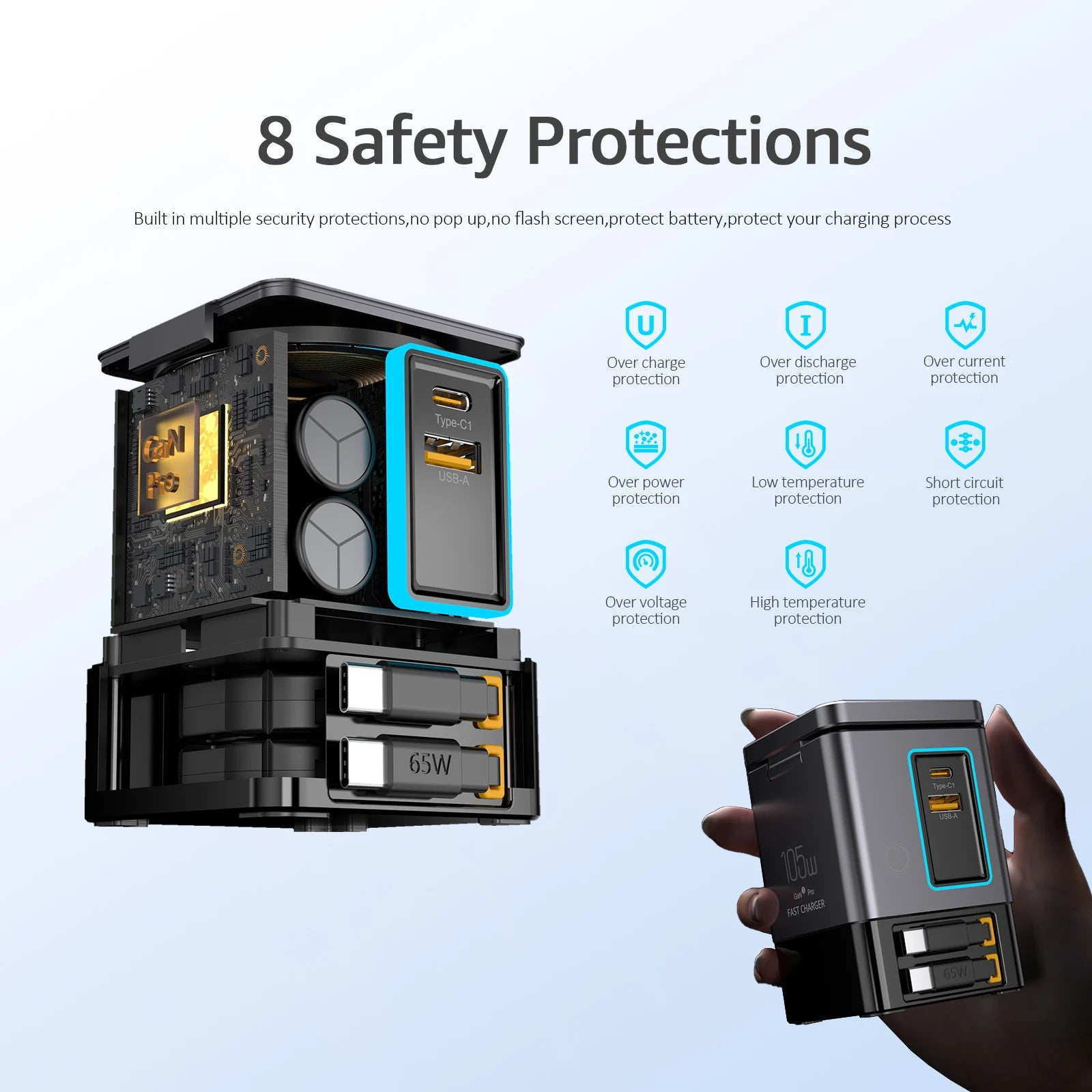 105W 6 In 1 Magnetic Wireless Charger Stand for iPhone Airpod Power Combo Tower with Retractable USB-C Cable Charger Station